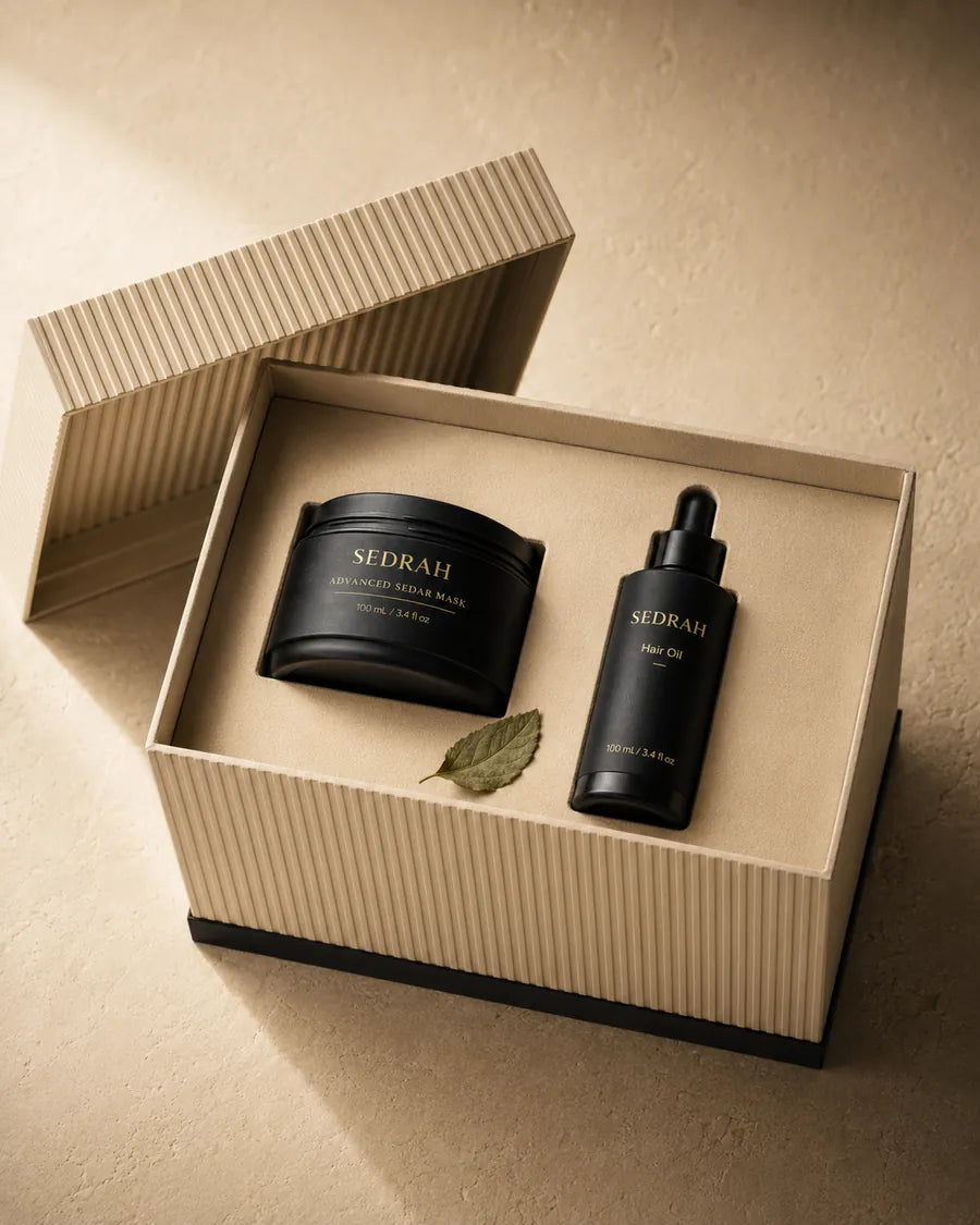 Inside The Sedar Ritual — Advanced Sedar Mask and Hair Oil nestled in the box