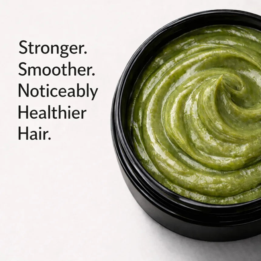 Open jar showing the Sidr mask texture — Stronger. Smoother. Noticeably Healthier Hair.